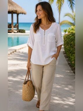 Ellen Tracy 100% Linen White Tunic Blouse 3X Zip Neck Roll Tab Sleeve Top